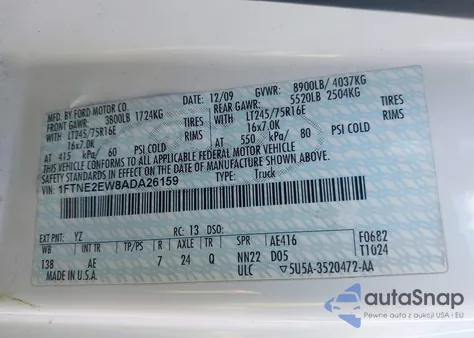 2010 Ford E-250 Commercial/Recreational z USA, uszkodzony, nr VIN 1FTNE2EW8ADA26159